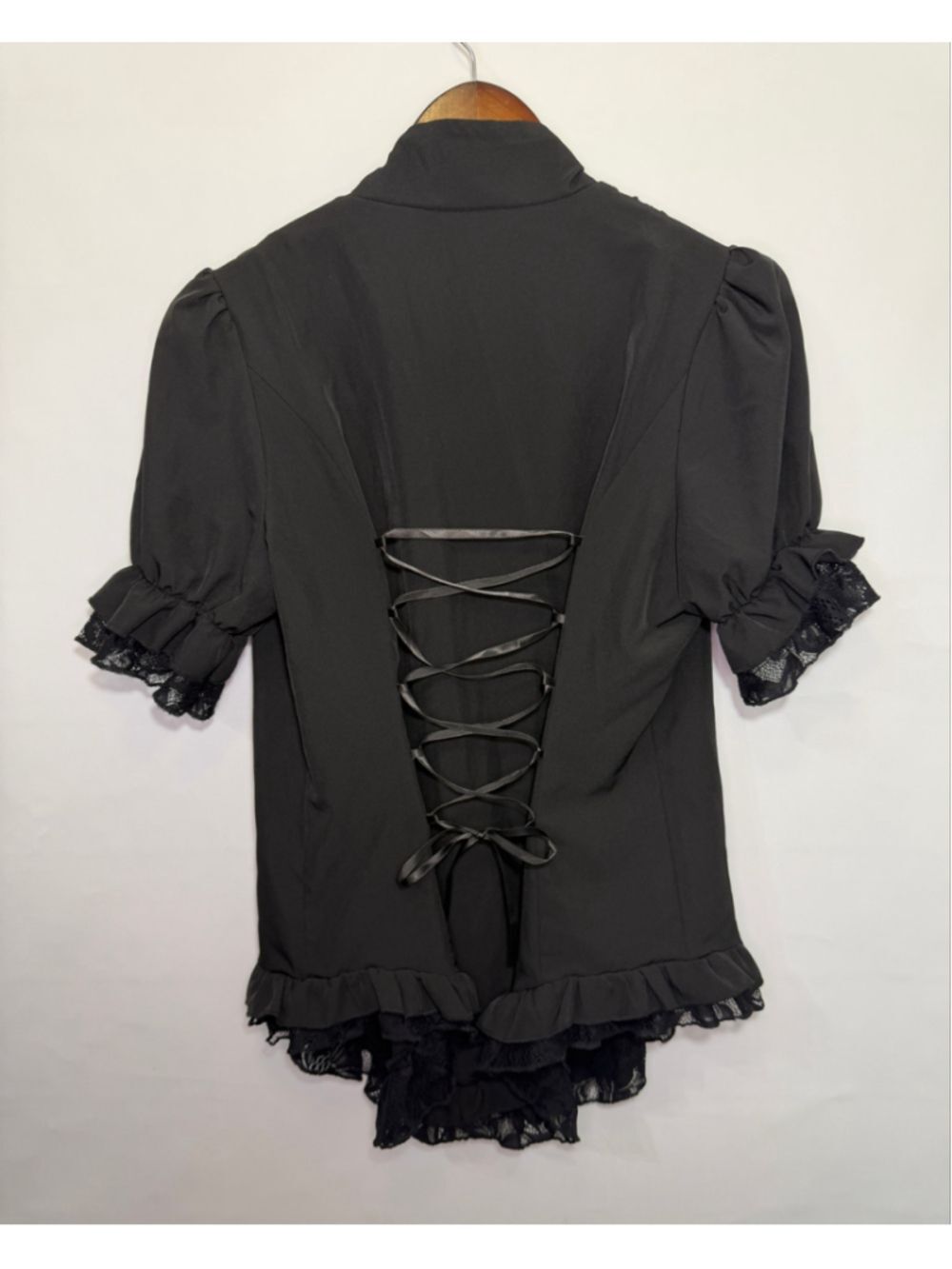Women's Black Lace Trim Button-Down Bustle Corset-back Blouse Size L Unbranded - Picture 2 of 6